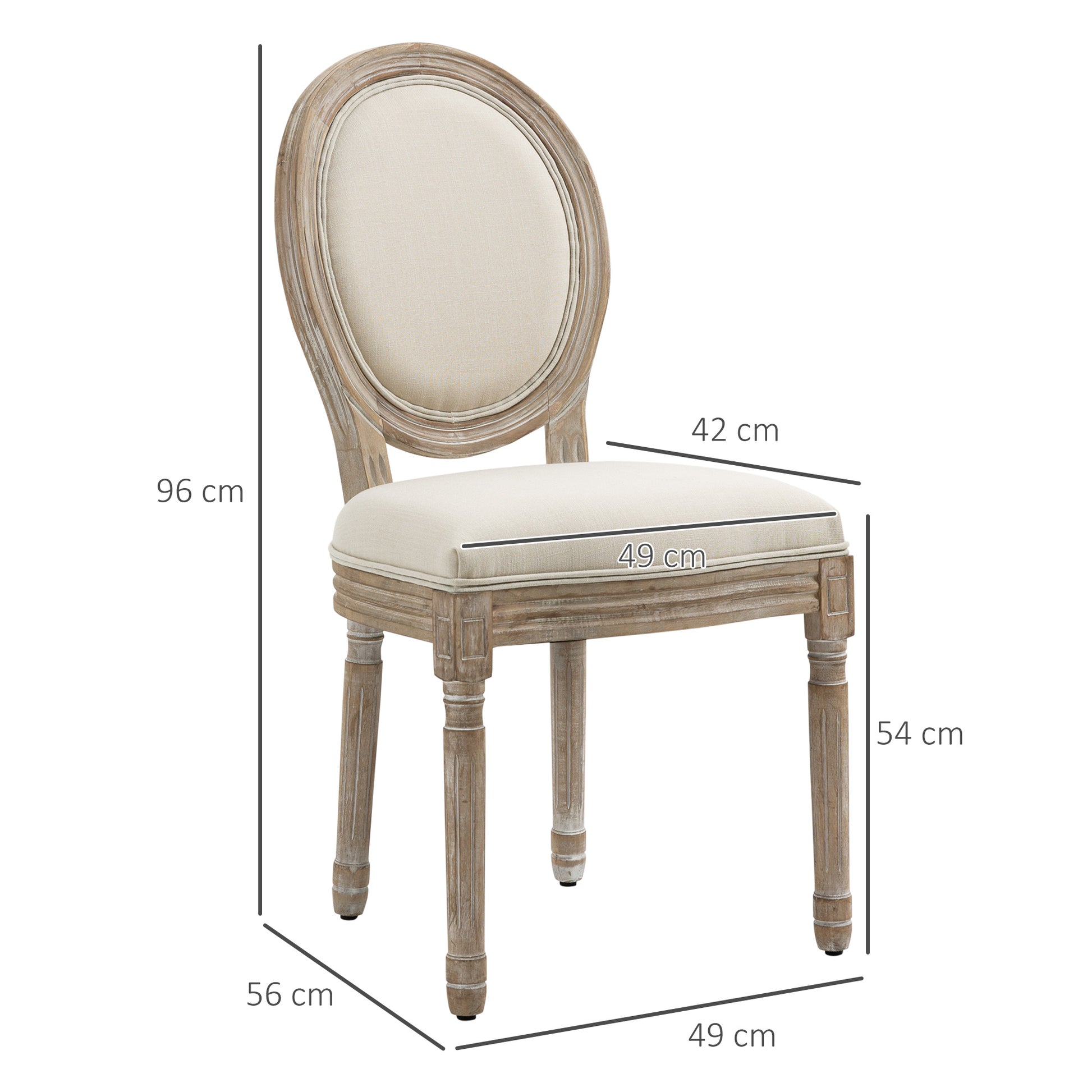 Set of 2 Dining Chairs Vintage Kitchen Chair Upholstered Chair with Backrest Linen-Touch Solid Wood Cream White+Natural 49 x 56 x 96 cm