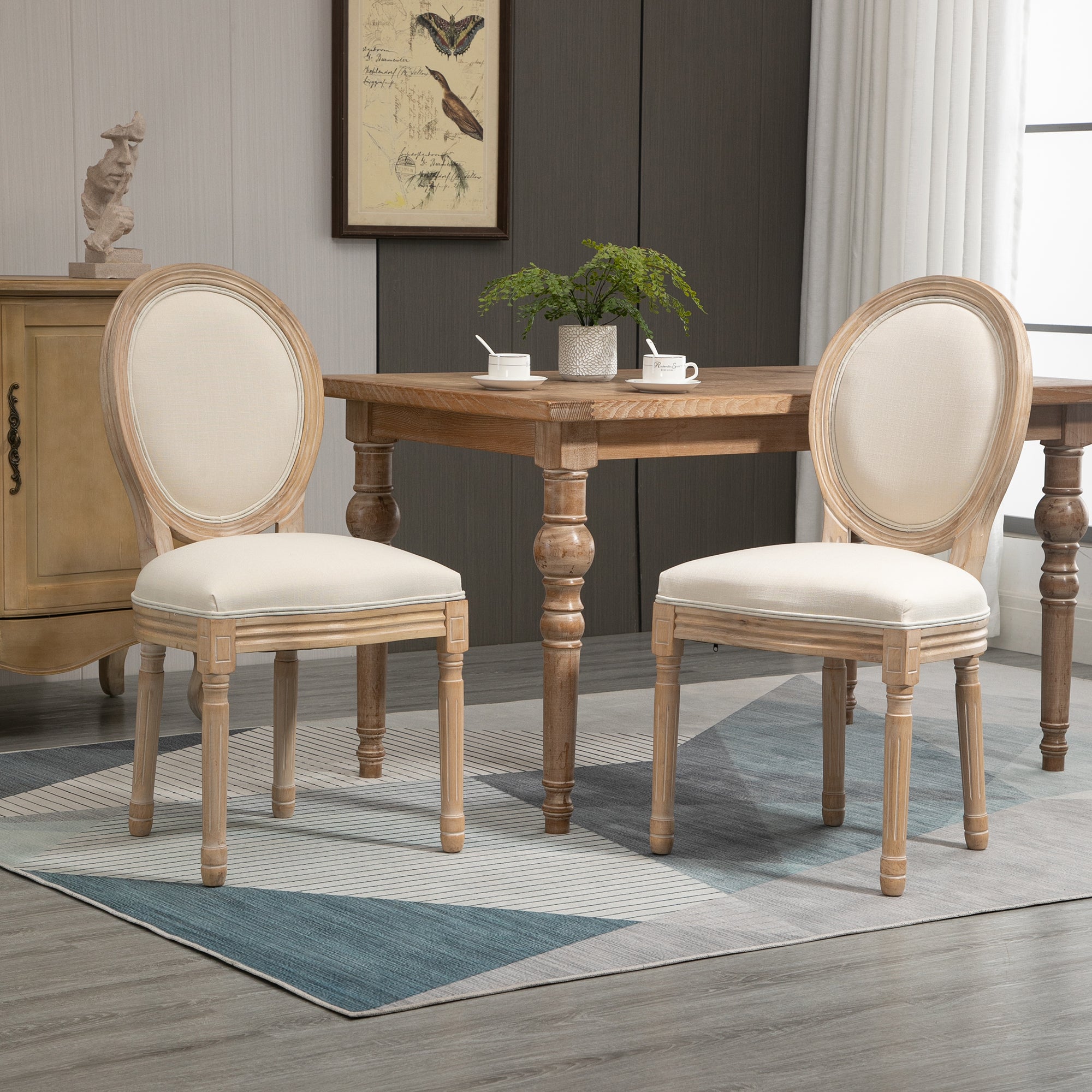 Set of 2 Dining Chairs Vintage Kitchen Chair Upholstered Chair with Backrest Linen-Touch Solid Wood Cream White+Natural 49 x 56 x 96 cm