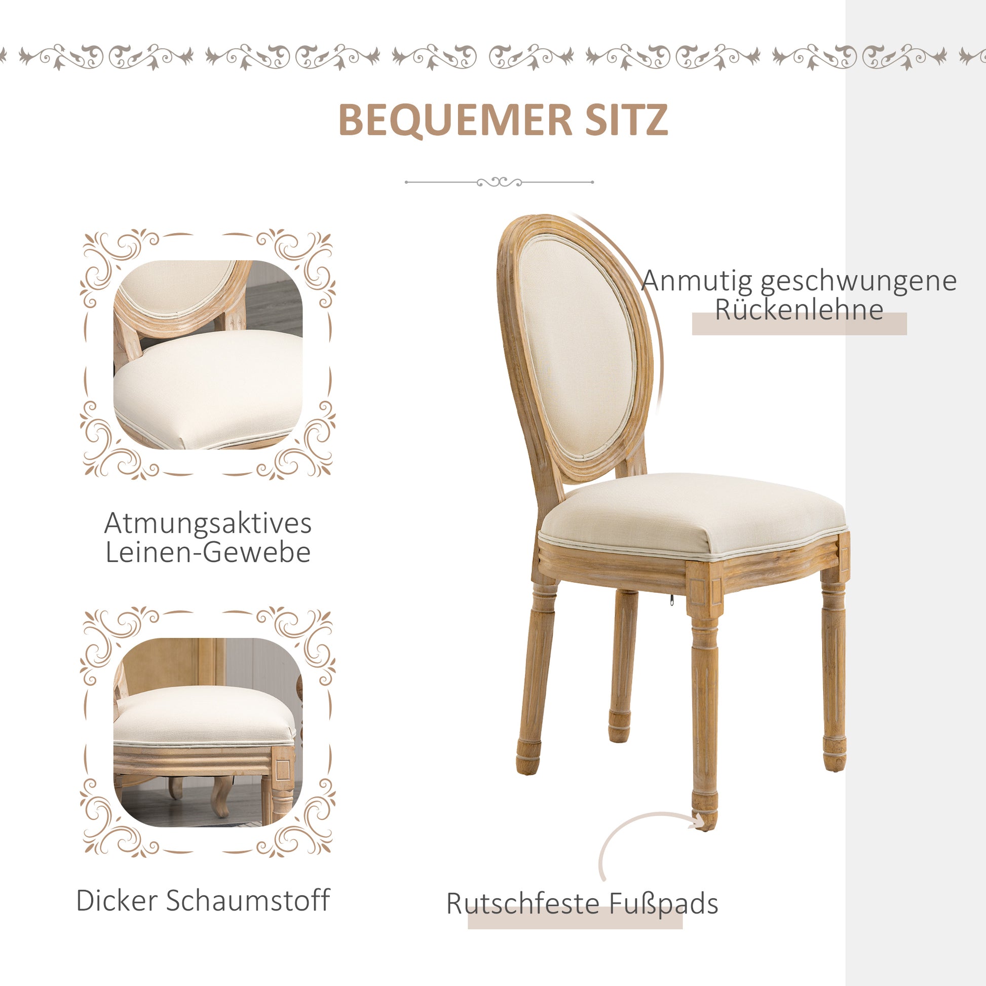 Set of 2 Dining Chairs Vintage Kitchen Chair Upholstered Chair with Backrest Linen-Touch Solid Wood Cream White+Natural 49 x 56 x 96 cm