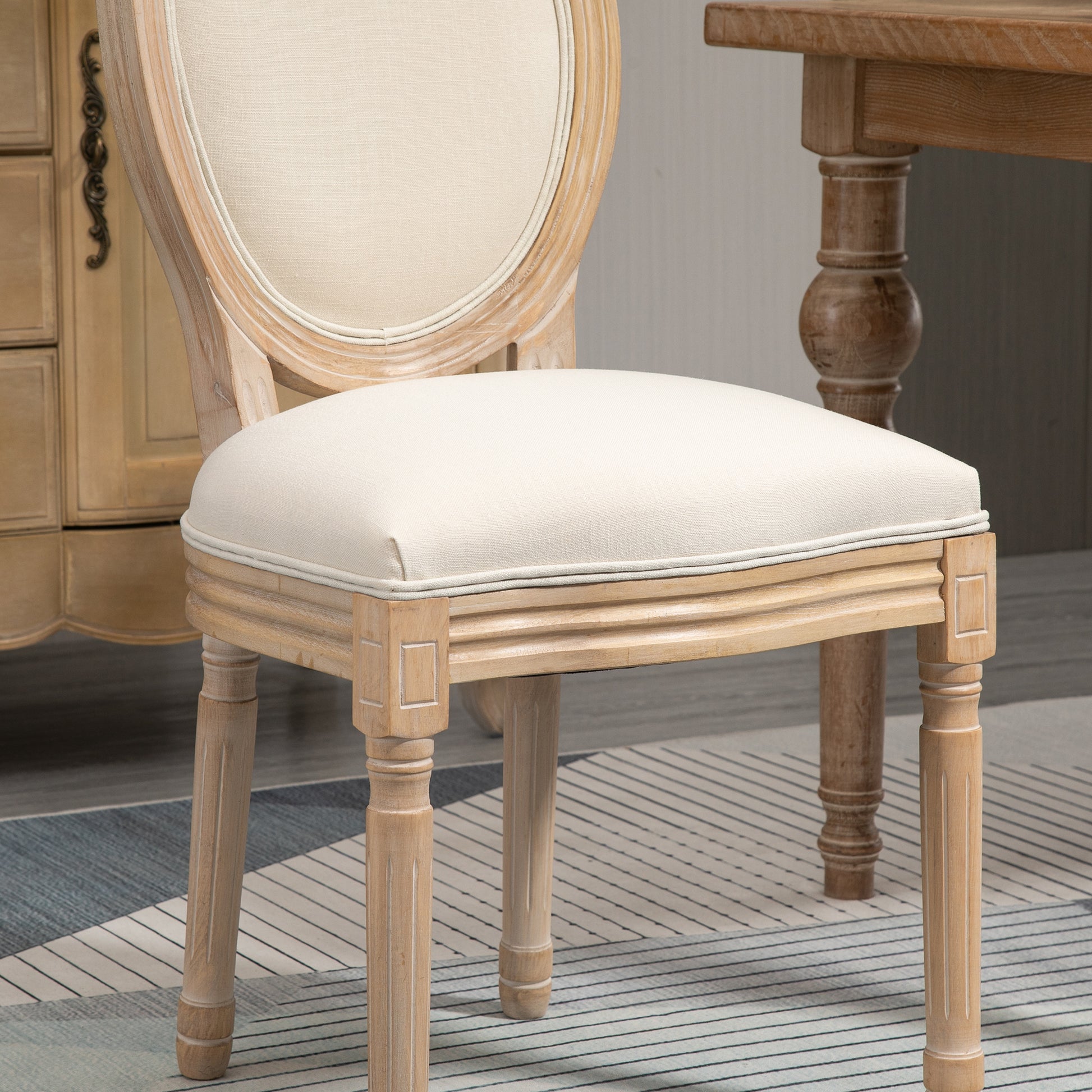 Set of 2 Dining Chairs Vintage Kitchen Chair Upholstered Chair with Backrest Linen-Touch Solid Wood Cream White+Natural 49 x 56 x 96 cm