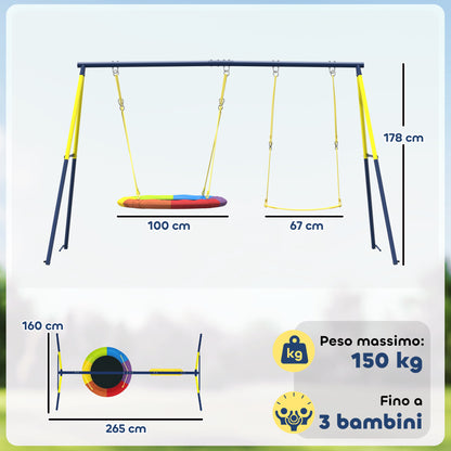 Kids Double Swing Set – Outdoor Playground with Adjustable Ropes, Metal Frame, Ages 3–8, 330 lb Capacity, Multicolor
