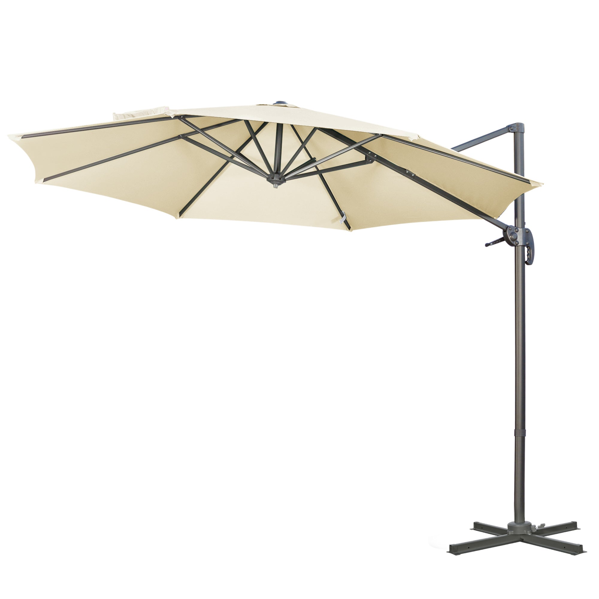 Garden Umbrella Ø300x250 cm Eccentric Aluminum Parasol with Crank Tilt Rotating 360° Canopy with Cross Base Cream