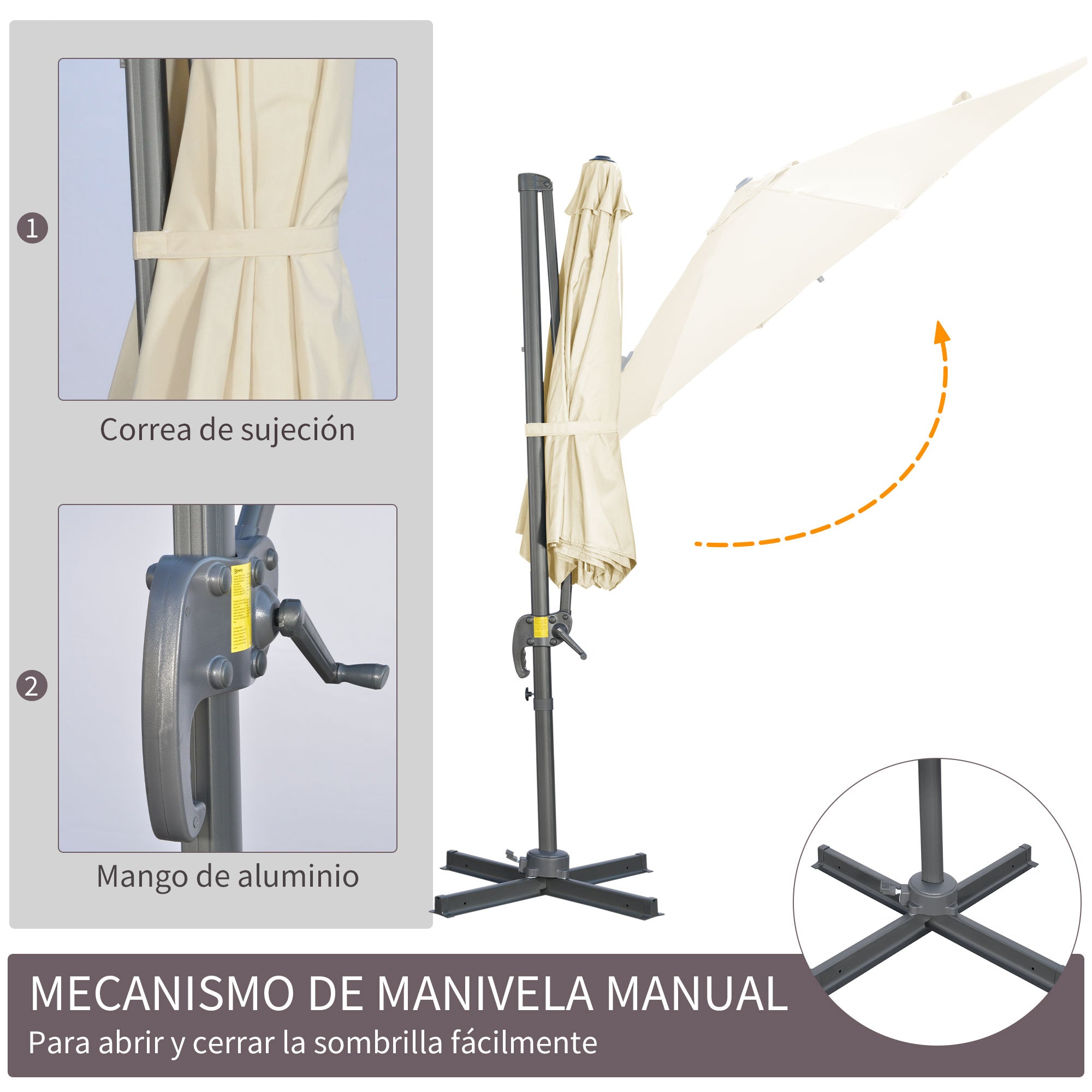 Garden Umbrella Ø300x250 cm Eccentric Aluminum Parasol with Crank Tilt Rotating 360° Canopy with Cross Base Cream
