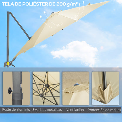 Garden Umbrella Ø300x250 cm Eccentric Aluminum Parasol with Crank Tilt Rotating 360° Canopy with Cross Base Cream