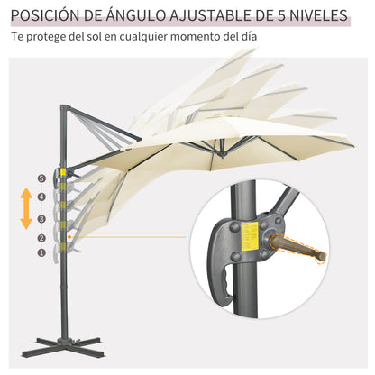 Garden Umbrella Ø300x250 cm Eccentric Aluminum Parasol with Crank Tilt Rotating 360° Canopy with Cross Base Cream