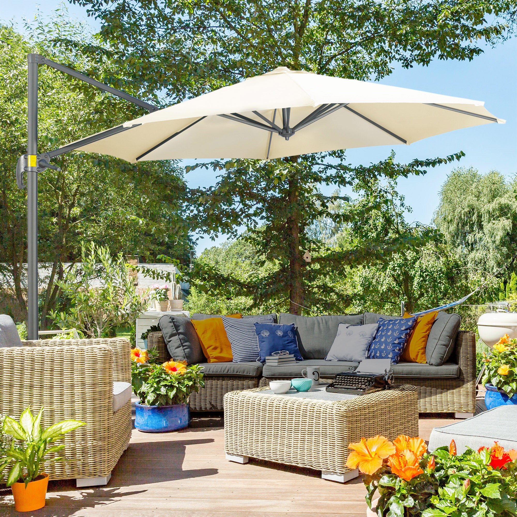 Garden Umbrella Ø300x250 cm Eccentric Aluminum Parasol with Crank Tilt Rotating 360° Canopy with Cross Base Cream