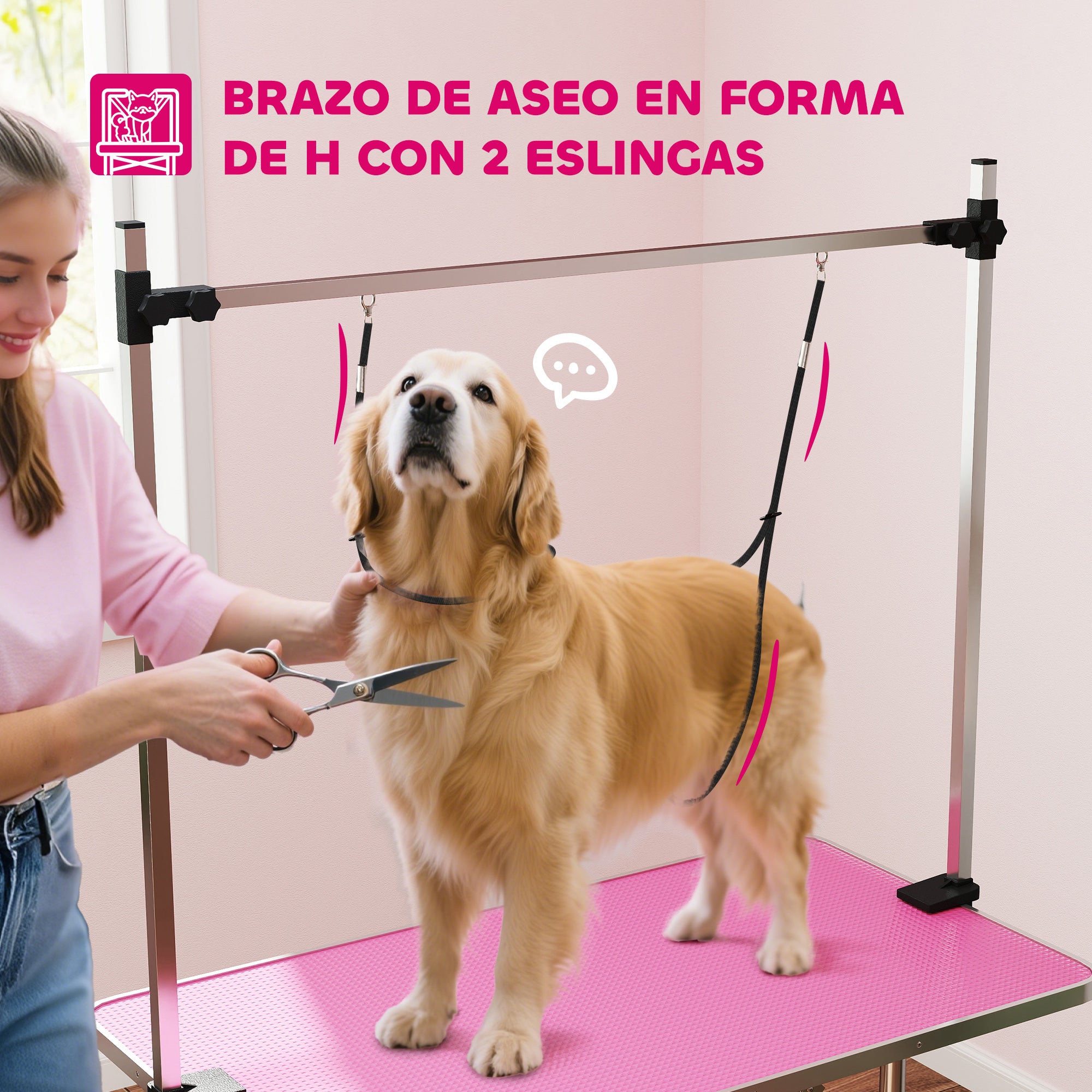 Folding Pet Grooming Table with Metal Mesh Basket, Non-Slip Top, Adjustable Stainless Steel Arm — For Dogs & Cats, 107 x 60 x 164 cm (42.1 x 23.6 x 64.6 in), Pink