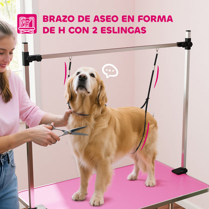 Folding Pet Grooming Table with Metal Mesh Basket, Non-Slip Top, Adjustable Stainless Steel Arm — For Dogs & Cats, 107 x 60 x 164 cm (42.1 x 23.6 x 64.6 in), Pink