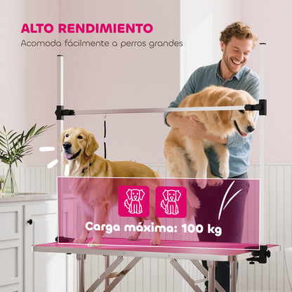 Folding Pet Grooming Table with Metal Mesh Basket, Non-Slip Top, Adjustable Stainless Steel Arm — For Dogs & Cats, 107 x 60 x 164 cm (42.1 x 23.6 x 64.6 in), Pink