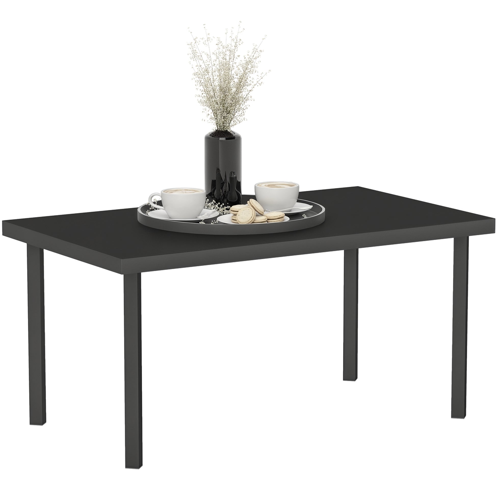 Rectangular garden coffee table, patio side table with wood grain effect, metal frame, for terrace, balcony, 95 x 55 x 46 cm, black