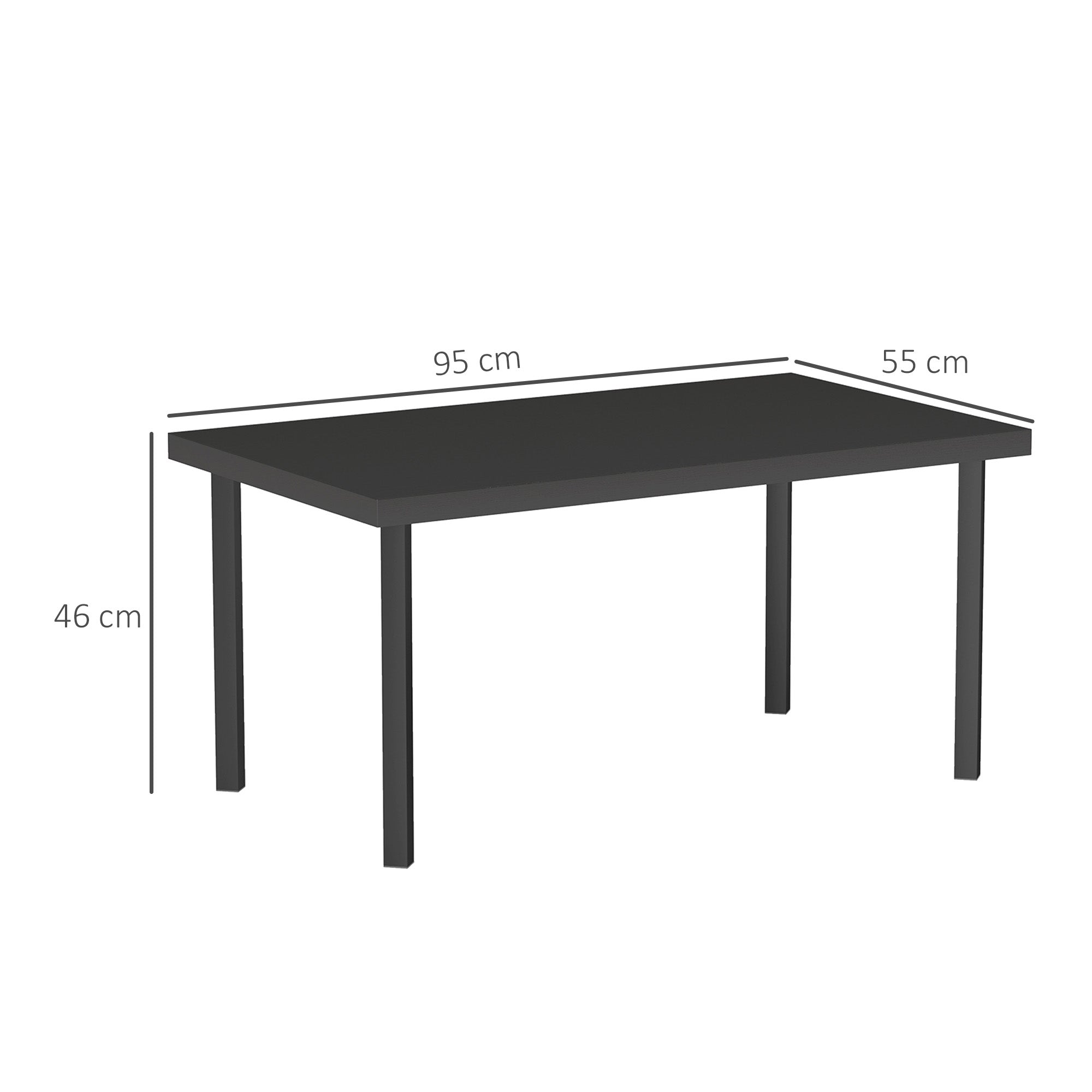 Rectangular garden coffee table, patio side table with wood grain effect, metal frame, for terrace, balcony, 95 x 55 x 46 cm, black