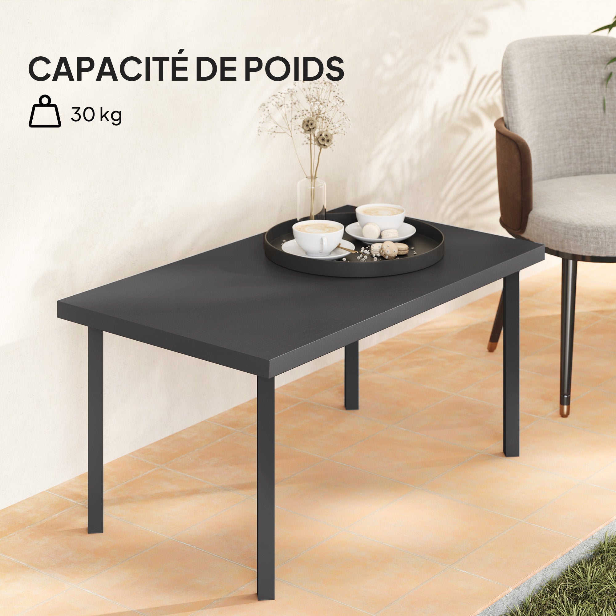 Rectangular garden coffee table, patio side table with wood grain effect, metal frame, for terrace, balcony, 95 x 55 x 46 cm, black