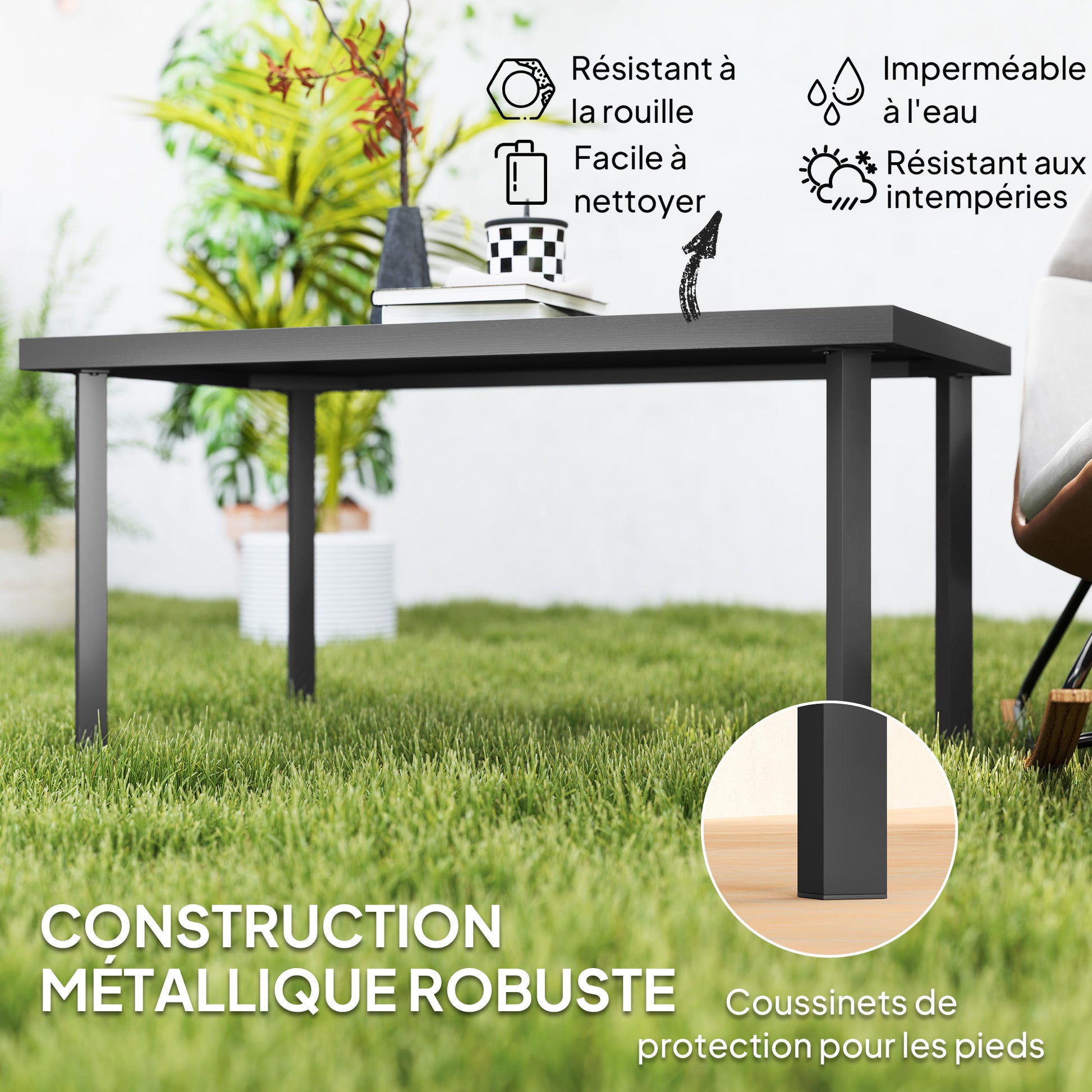 Rectangular garden coffee table, patio side table with wood grain effect, metal frame, for terrace, balcony, 95 x 55 x 46 cm, black