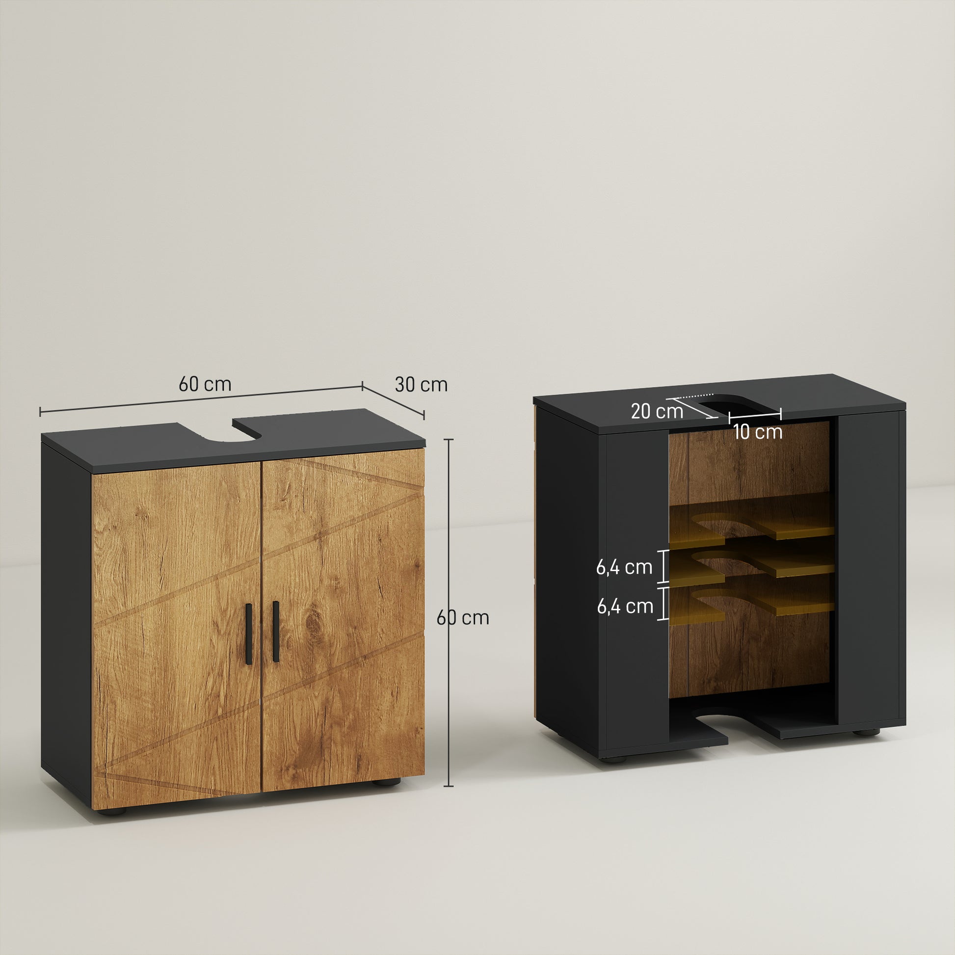 Bathroom Basin Vanity Unit 2-Door Cabinet with Adjustable Shelf Storage Cupboard for Sink 60 x 30 x 60 cm Anthracite Grey and Wood Effect