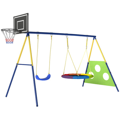 4-in-1 Kids Swing Set – Steel A-Frame, Nest Disc Swing, Single Seat, Basketball Hoop & Soccer Goal, Adjustable Ropes, Fits Children Ages 3–8, 113.4 x 63.0 x 86.6 in (288 x 160 x 220 cm)