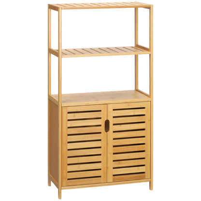 Bathroom Cabinet with 2 Open Shelves and 2-Door Cabinet, Space Saving Bamboo Cabinet 60x30x120cm, Natural