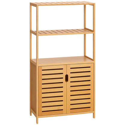 Bathroom Cabinet with 2 Open Shelves and 2-Door Cabinet, Space Saving Bamboo Cabinet 60x30x120cm, Natural