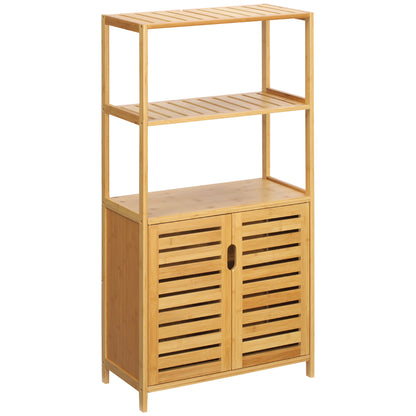 Bathroom Cabinet with 2 Open Shelves and 2-Door Cabinet, Space Saving Bamboo Cabinet 60x30x120cm, Natural