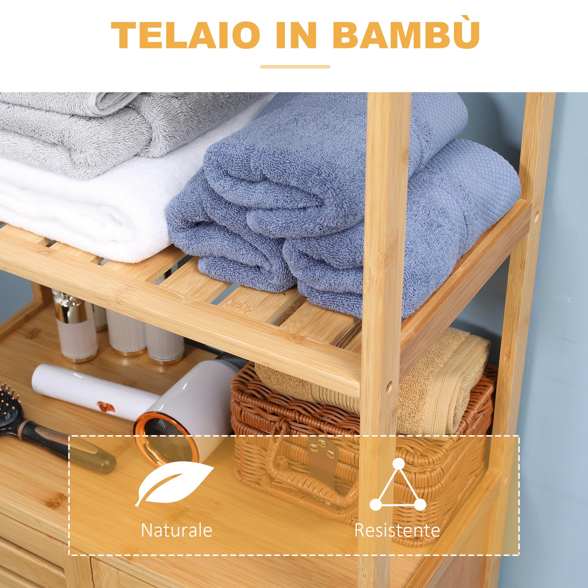 Bathroom Cabinet with 2 Open Shelves and 2-Door Cabinet, Space Saving Bamboo Cabinet 60x30x120cm, Natural