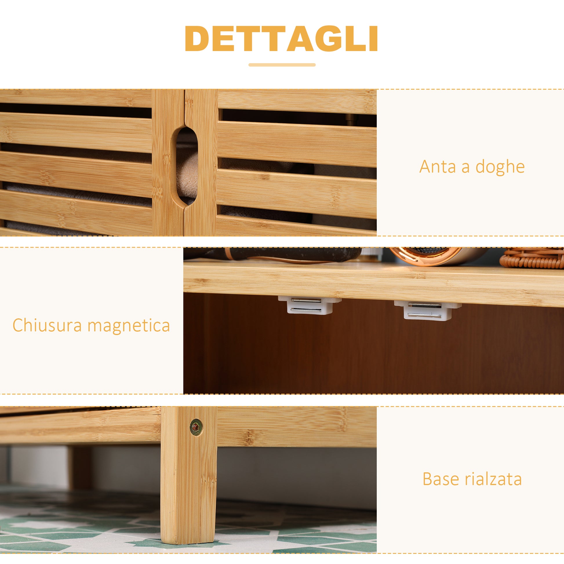 Bathroom Cabinet with 2 Open Shelves and 2-Door Cabinet, Space Saving Bamboo Cabinet 60x30x120cm, Natural