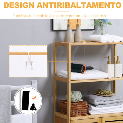 Bathroom Cabinet with 2 Open Shelves and 2-Door Cabinet, Space Saving Bamboo Cabinet 60x30x120cm, Natural