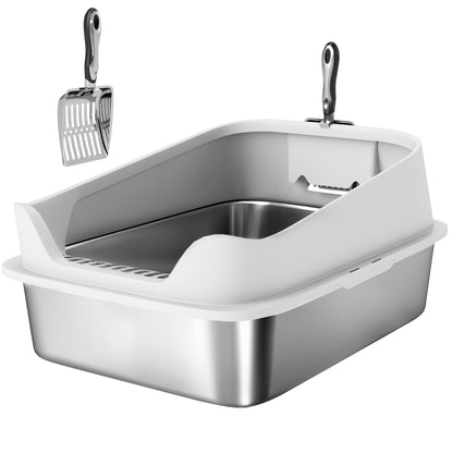Stainless Steel Open Cat Litter Box – High-Rim XXL with Scoop for Large Cats up to 15.4 lb | 23.7 x 15.8 x 11.7 in (Gray)
