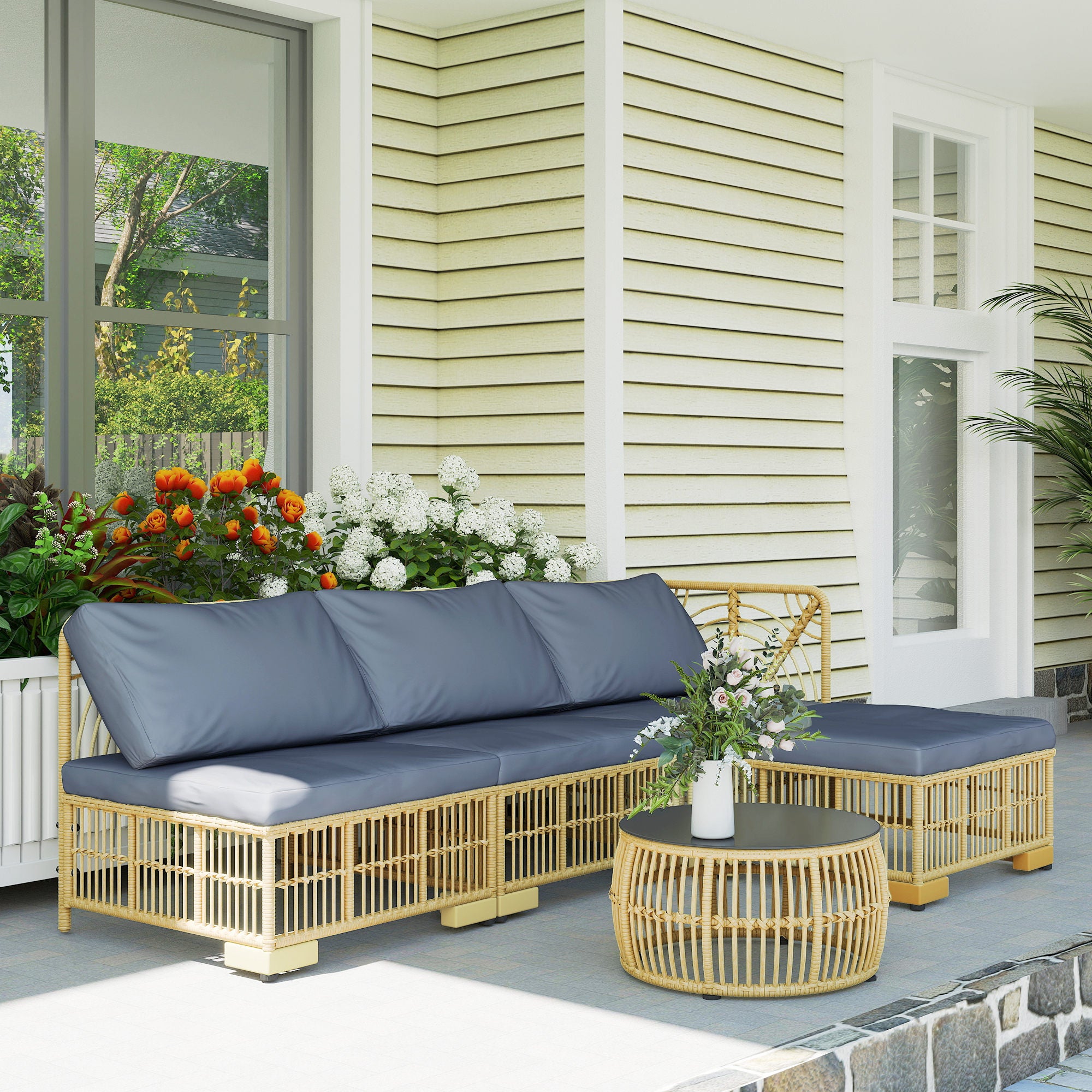 5-Piece Rattan Outdoor Lounge Set, Modular Garden Sofa with Cushions and Glass Coffee Table, Gray