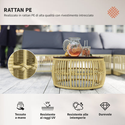 5-Piece Rattan Outdoor Lounge Set, Modular Garden Sofa with Cushions and Glass Coffee Table, Gray