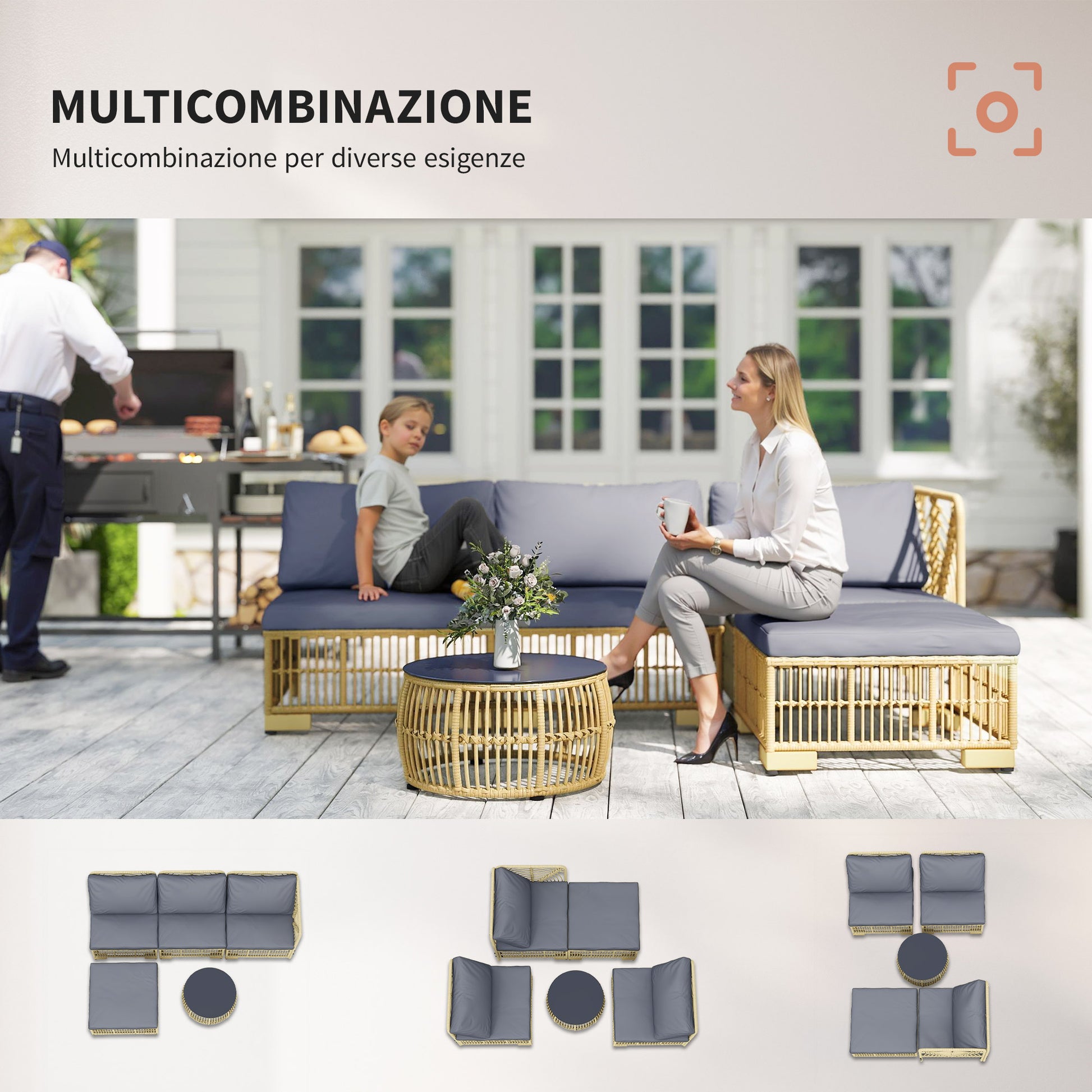 5-Piece Rattan Outdoor Lounge Set, Modular Garden Sofa with Cushions and Glass Coffee Table, Gray