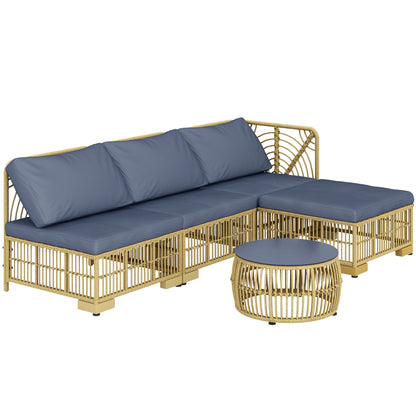 5-Piece Rattan Outdoor Lounge Set, Modular Garden Sofa with Cushions and Glass Coffee Table, Gray