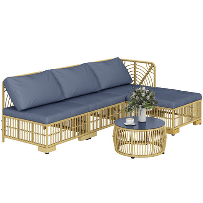 5-Piece Rattan Outdoor Lounge Set, Modular Garden Sofa with Cushions and Glass Coffee Table, Gray
