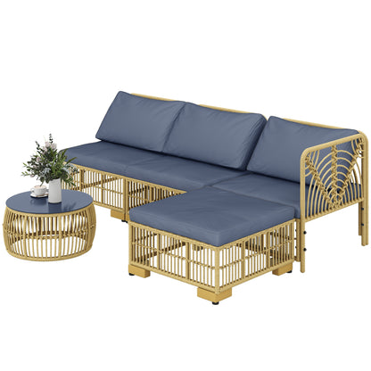 5-Piece Rattan Outdoor Lounge Set, Modular Garden Sofa with Cushions and Glass Coffee Table, Gray