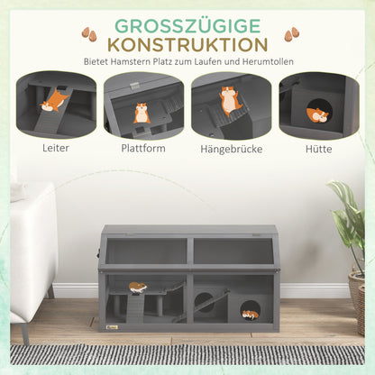 Wooden Dwarf Hamster Cage, 85 x 45 x 44 cm — Small Animal Cage with Top Door, Hanging Bridge, Ladders, House & Feeding Station — Dark Gray