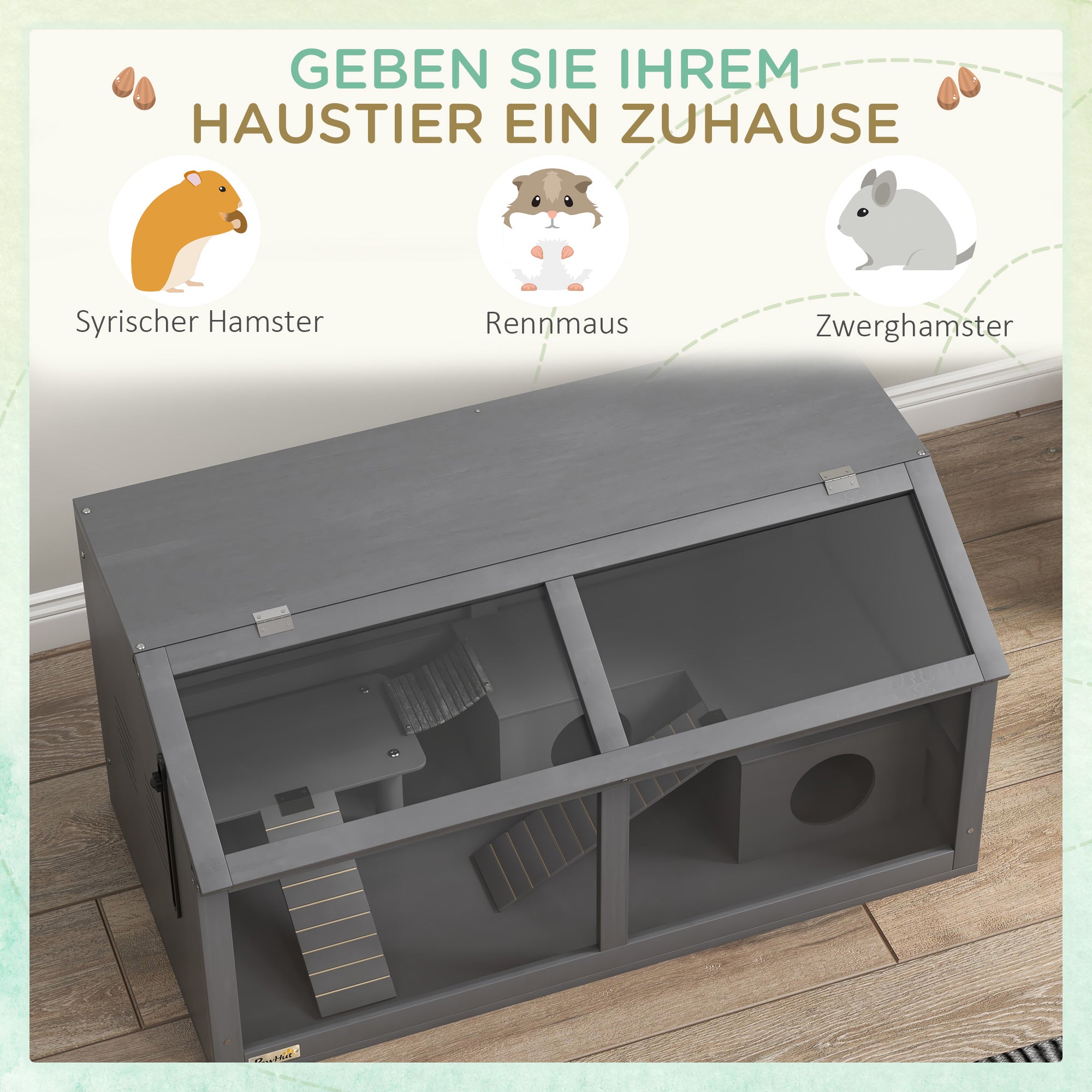 Wooden Dwarf Hamster Cage, 85 x 45 x 44 cm — Small Animal Cage with Top Door, Hanging Bridge, Ladders, House & Feeding Station — Dark Gray