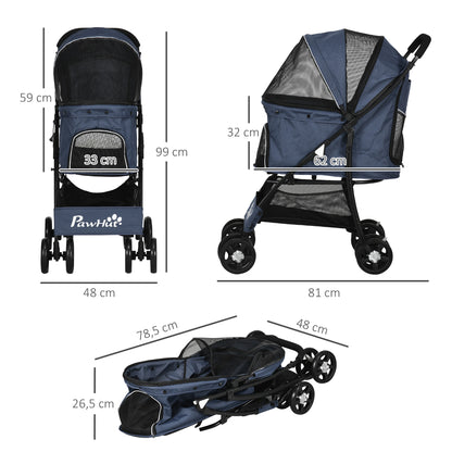 Dog Cart, Foldable Dog Buggy, Dog Trolley with Cushion, Cat Buggy, Cat Wagon with 4 Wheels, Mesh Window, Storage Space for Small Dogs, Cats, 600D Oxford, Navy Blue