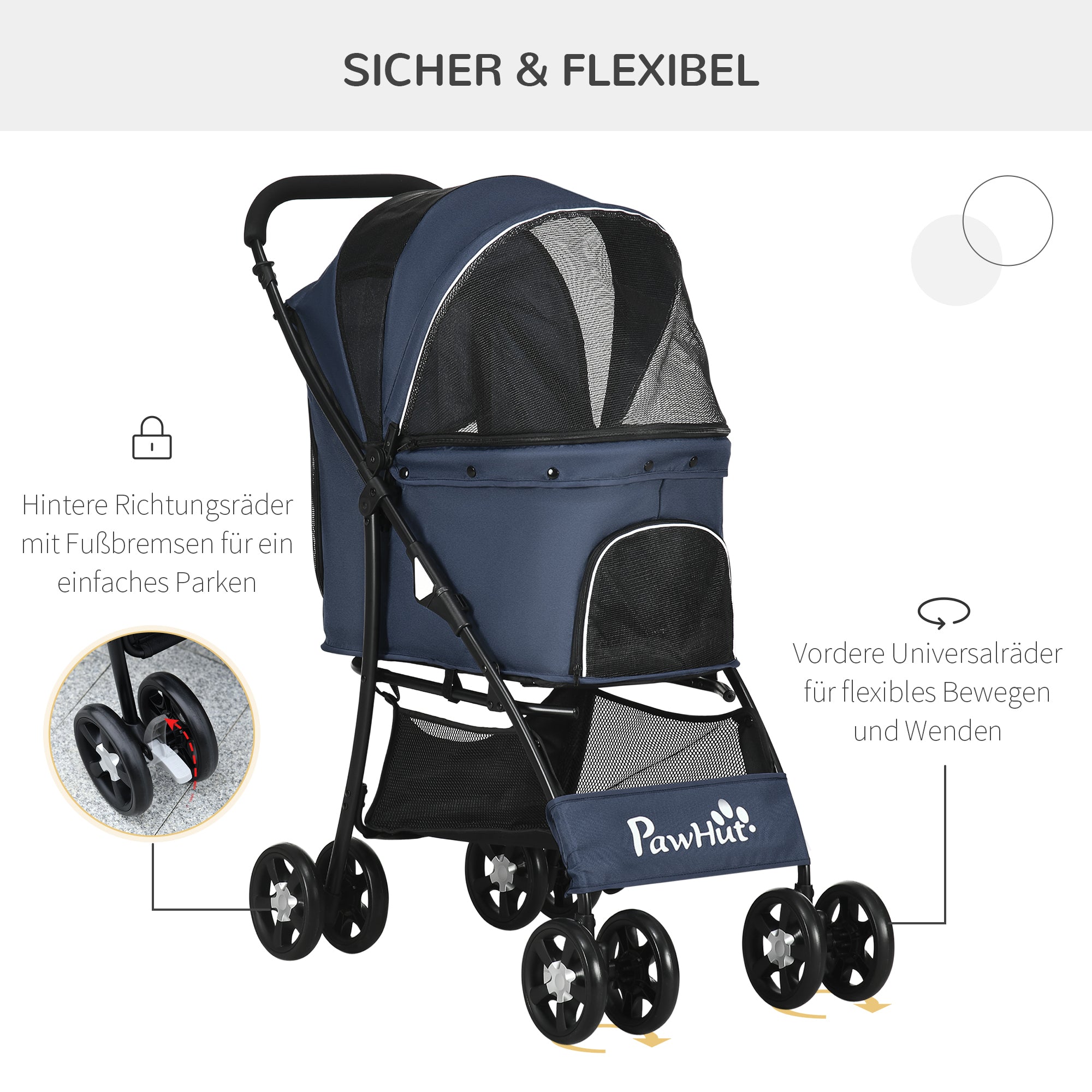 Dog Cart, Foldable Dog Buggy, Dog Trolley with Cushion, Cat Buggy, Cat Wagon with 4 Wheels, Mesh Window, Storage Space for Small Dogs, Cats, 600D Oxford, Navy Blue