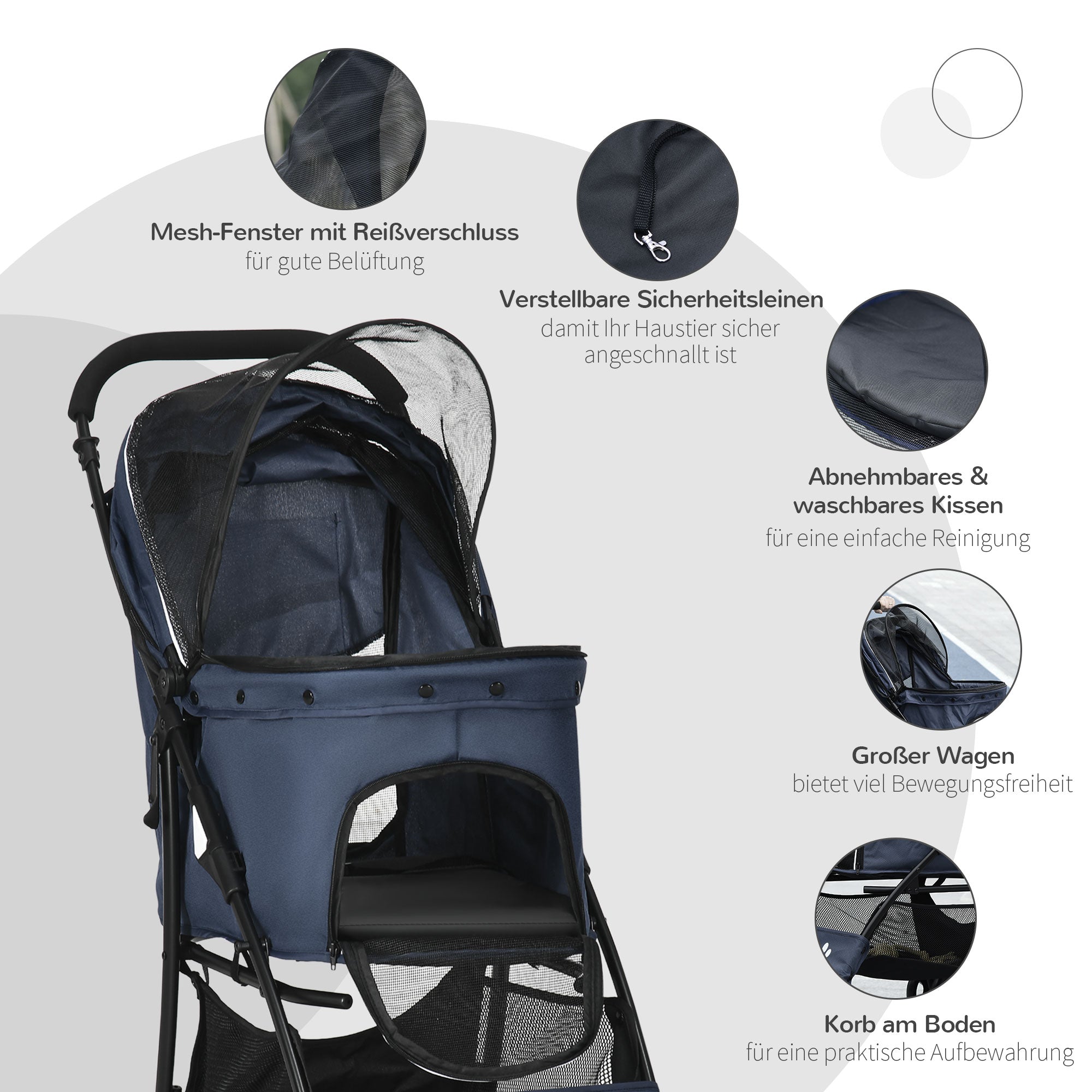 Dog Cart, Foldable Dog Buggy, Dog Trolley with Cushion, Cat Buggy, Cat Wagon with 4 Wheels, Mesh Window, Storage Space for Small Dogs, Cats, 600D Oxford, Navy Blue