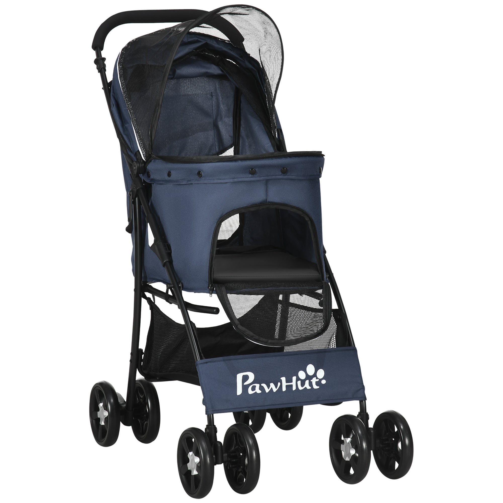 Dog Cart, Foldable Dog Buggy, Dog Trolley with Cushion, Cat Buggy, Cat Wagon with 4 Wheels, Mesh Window, Storage Space for Small Dogs, Cats, 600D Oxford, Navy Blue