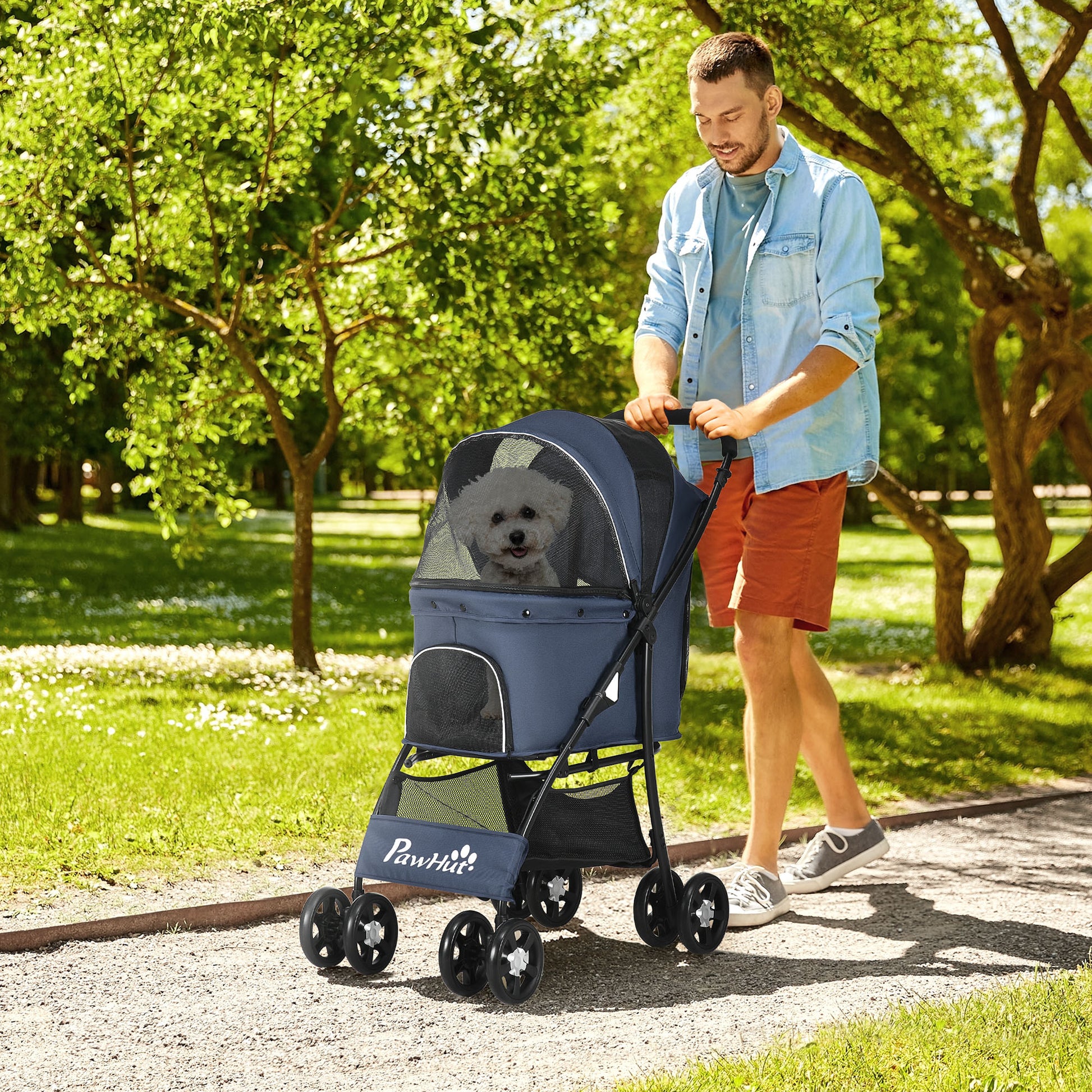 Dog Cart, Foldable Dog Buggy, Dog Trolley with Cushion, Cat Buggy, Cat Wagon with 4 Wheels, Mesh Window, Storage Space for Small Dogs, Cats, 600D Oxford, Navy Blue