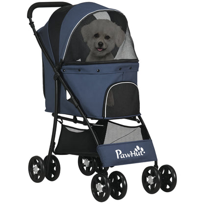 Dog Cart, Foldable Dog Buggy, Dog Trolley with Cushion, Cat Buggy, Cat Wagon with 4 Wheels, Mesh Window, Storage Space for Small Dogs, Cats, 600D Oxford, Navy Blue