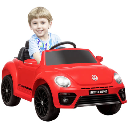 Volkswagen Beetle Licensed Electric Kids Car, 12V Electric Vehicle with 2.4G Remote Control, Spring Suspension, Headlights, Music, Horn, Kids Car for 3-5 Years Old, Red