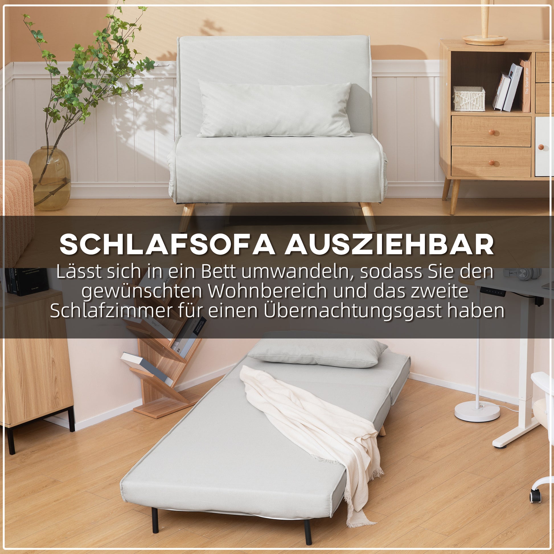 Single Sofa Bed Sleeper Sofa Futon Adjustable Backrest Recliner Nordic Scandinavian 25D Foam Home Linen Fabric Pine Wood Cream White 94 x 78 x 80 cm