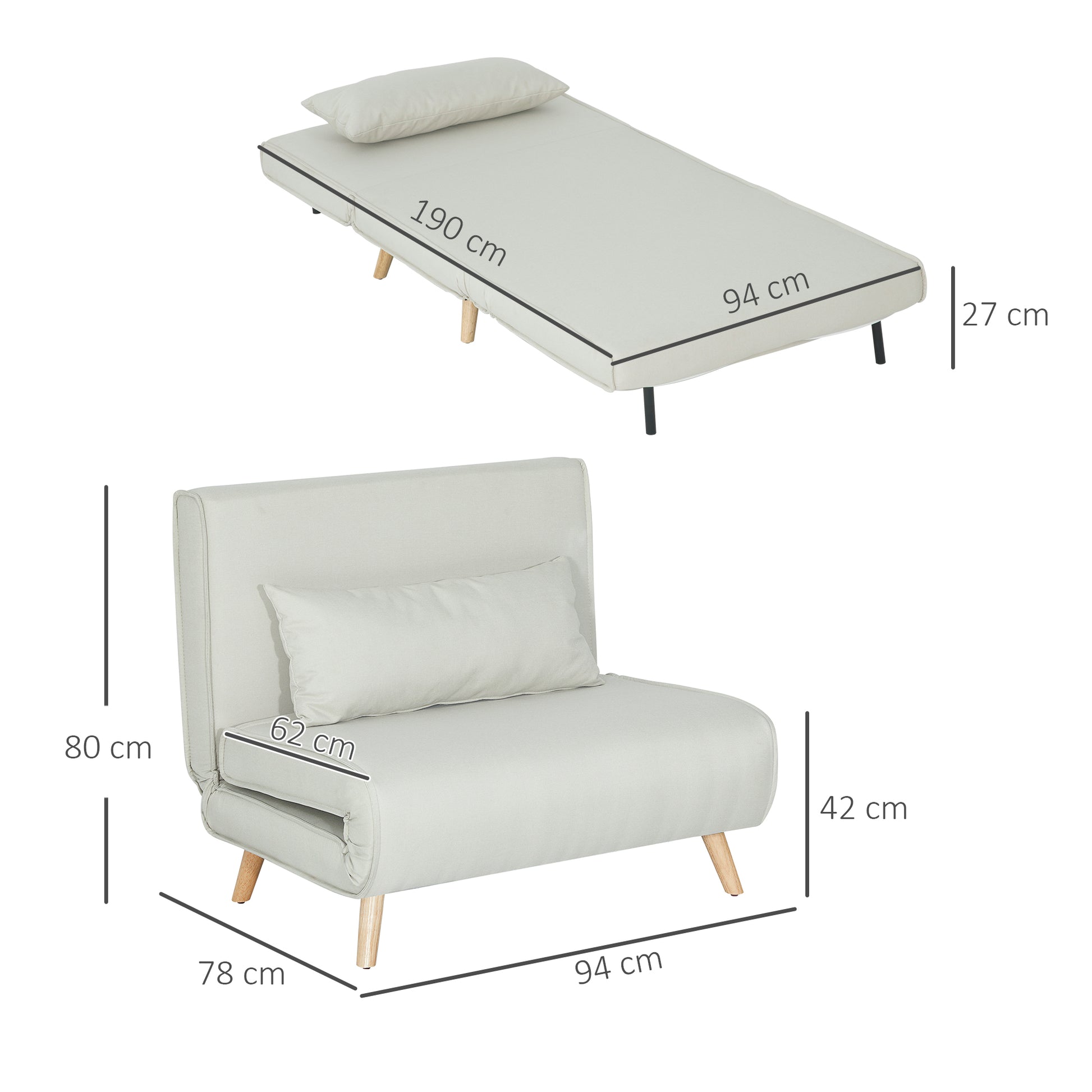 Single Sofa Bed Sleeper Sofa Futon Adjustable Backrest Recliner Nordic Scandinavian 25D Foam Home Linen Fabric Pine Wood Cream White 94 x 78 x 80 cm