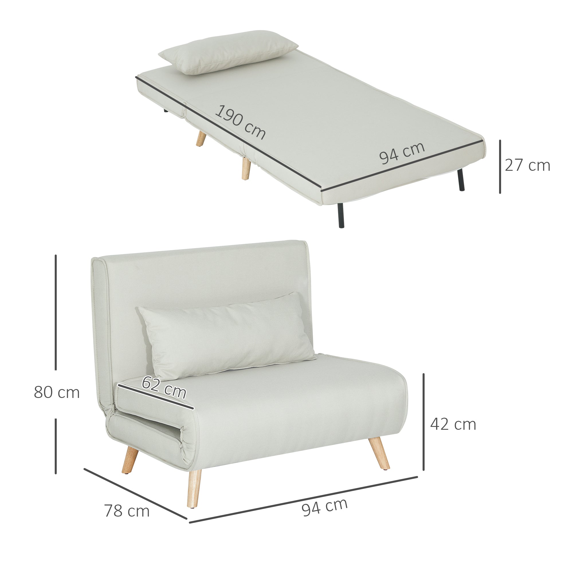Single Sofa Bed Sleeper Sofa Futon Adjustable Backrest Recliner Nordic Scandinavian 25D Foam Home Linen Fabric Pine Wood Cream White 94 x 78 x 80 cm