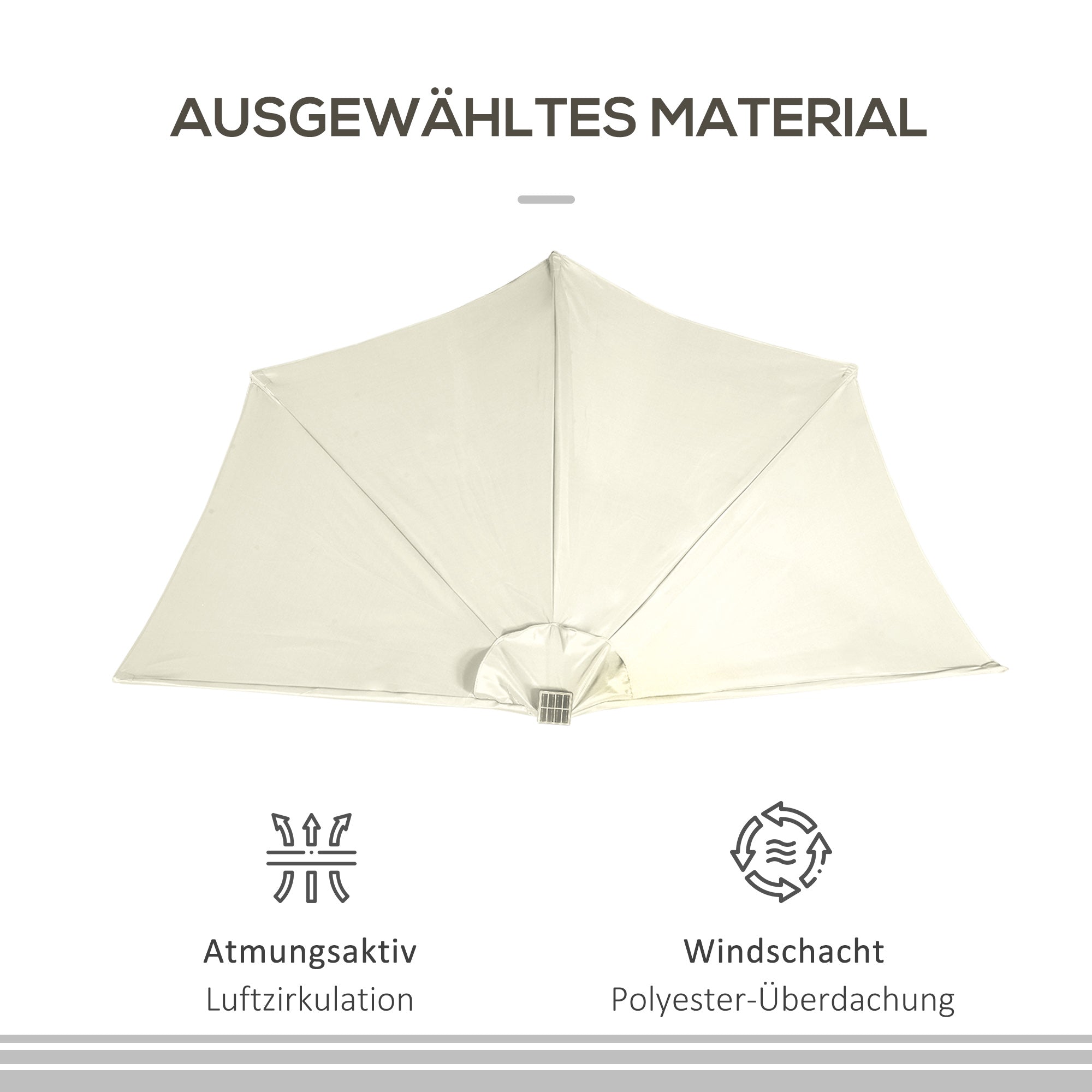 Umbrella, 270 x 240 cm Half Umbrella with LED Lights, Half Round Patio Umbrella with Hand Crank, Solar Panel, for Garden, Metal, Beige