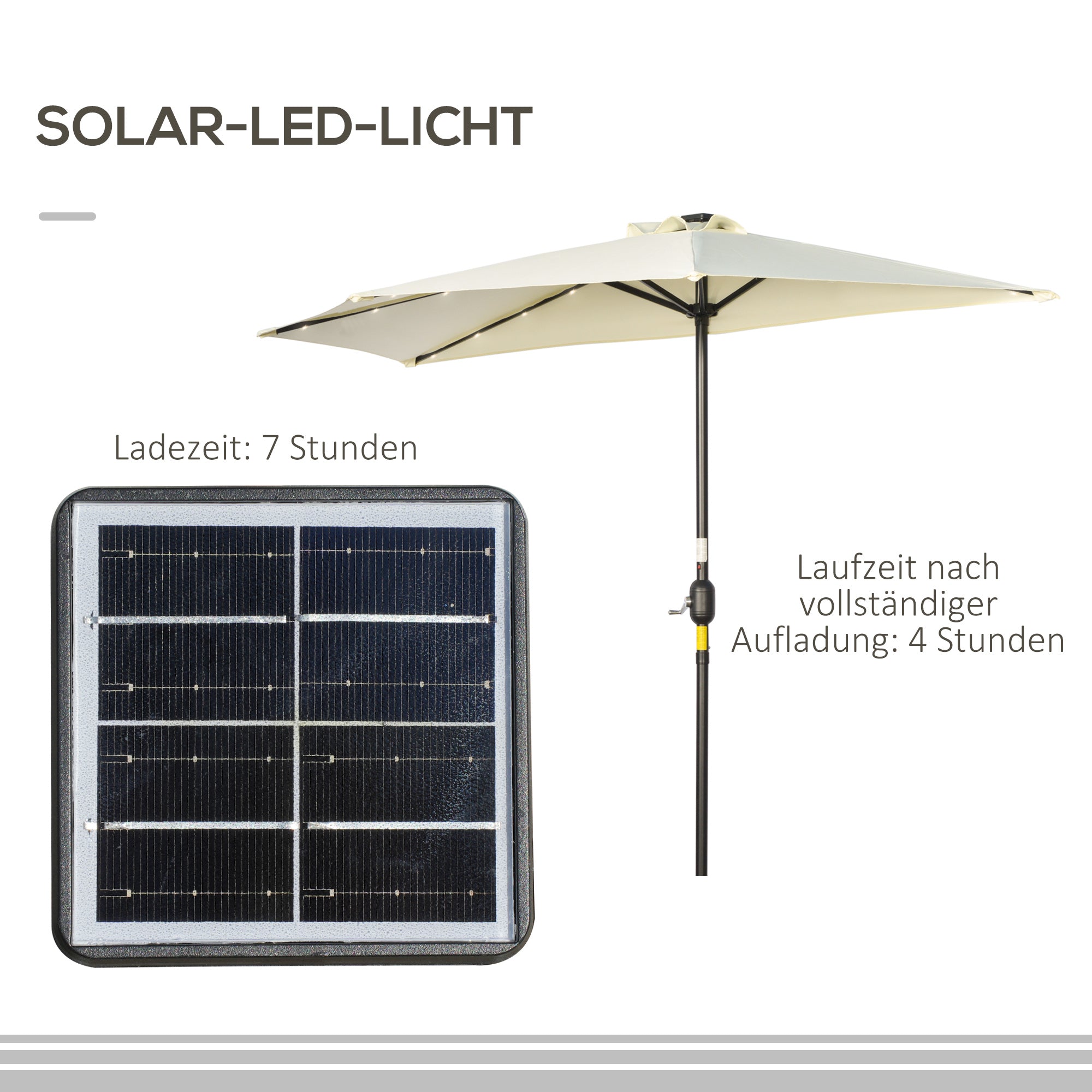 Umbrella, 270 x 240 cm Half Umbrella with LED Lights, Half Round Patio Umbrella with Hand Crank, Solar Panel, for Garden, Metal, Beige