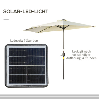 Umbrella, 270 x 240 cm Half Umbrella with LED Lights, Half Round Patio Umbrella with Hand Crank, Solar Panel, for Garden, Metal, Beige