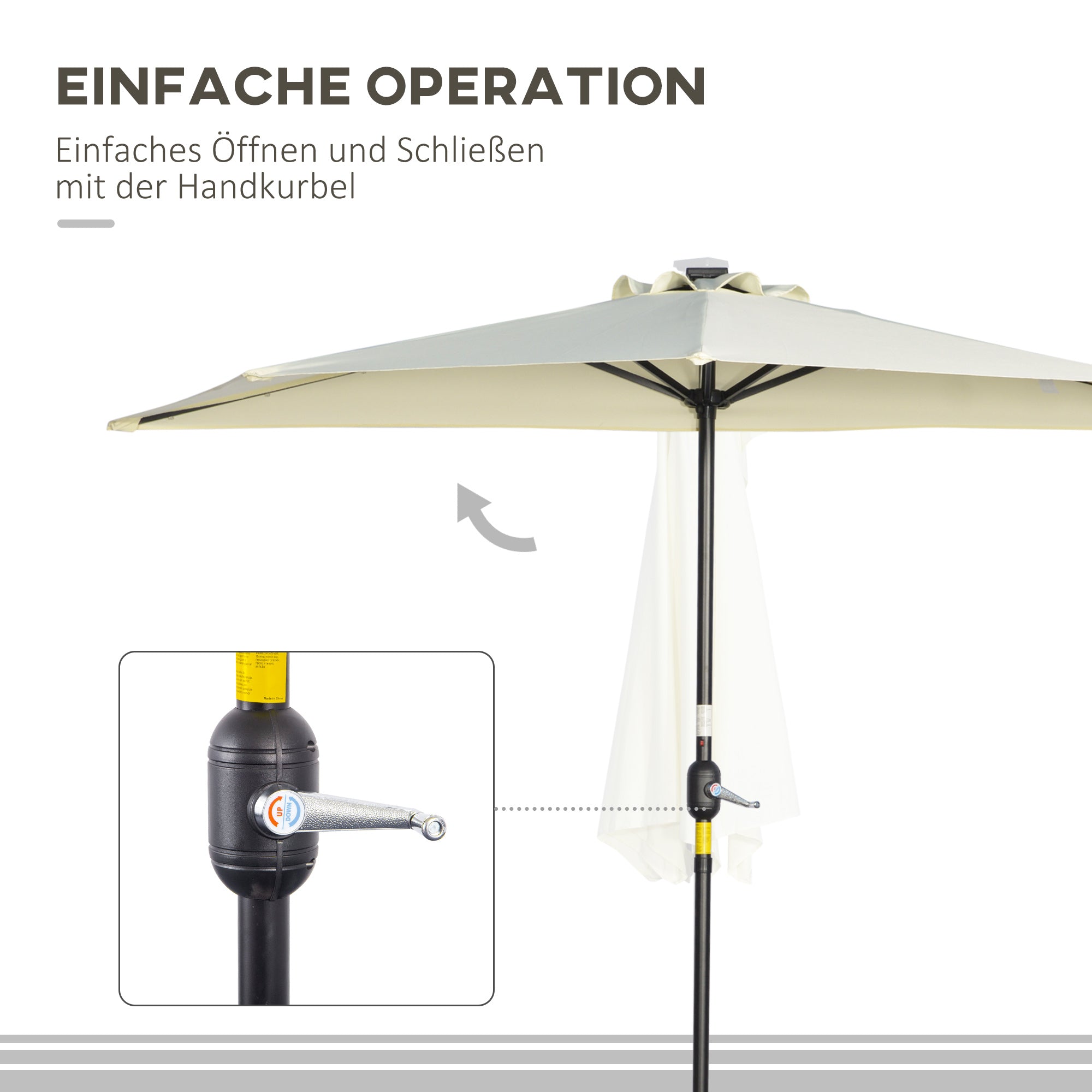 Umbrella, 270 x 240 cm Half Umbrella with LED Lights, Half Round Patio Umbrella with Hand Crank, Solar Panel, for Garden, Metal, Beige