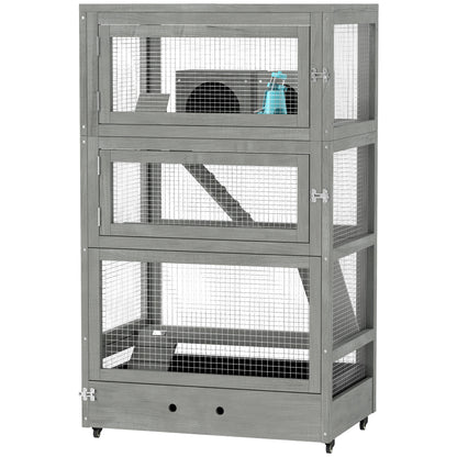 Hamster Cage Made of Wood, 65 x 45 x 109 cm Rodent Cage with Houses, Seesaw, Platform, Feeding Bowls, 4-Story Small Animal Cage with Lock, Ramps, Wheels, for Dwarf Hamsters Gray