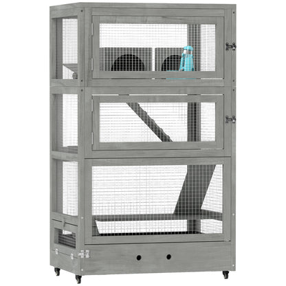 Hamster Cage Made of Wood, 65 x 45 x 109 cm Rodent Cage with Houses, Seesaw, Platform, Feeding Bowls, 4-Story Small Animal Cage with Lock, Ramps, Wheels, for Dwarf Hamsters Gray